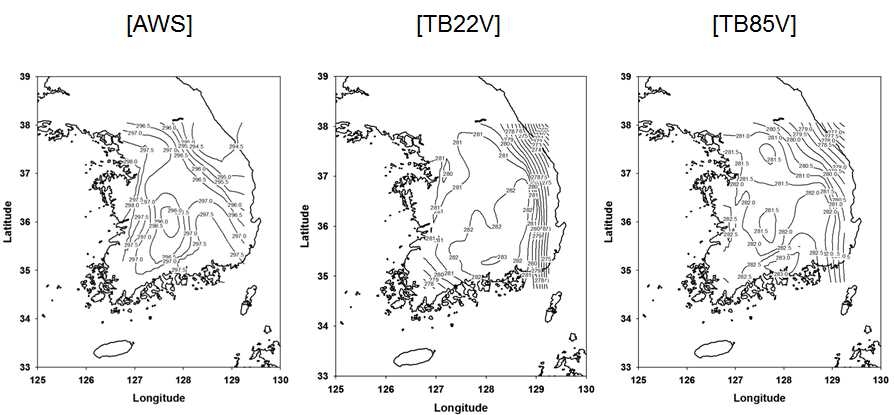 Fig. 3.22. Temperature distributions of AWS, TB22V and TB85V over the Kroean peninsula