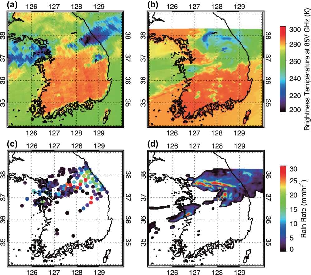 Fig. 3.31. Distributions of (a) observed TMI TB85V (K), (b) UW-NMS model-simulated TB85V (K), (c) AWS rain rate (mm/hr), and (d) UW-NMW model-simulated rain rate(mm/hr) at 0900 UTC 27 July 2006.