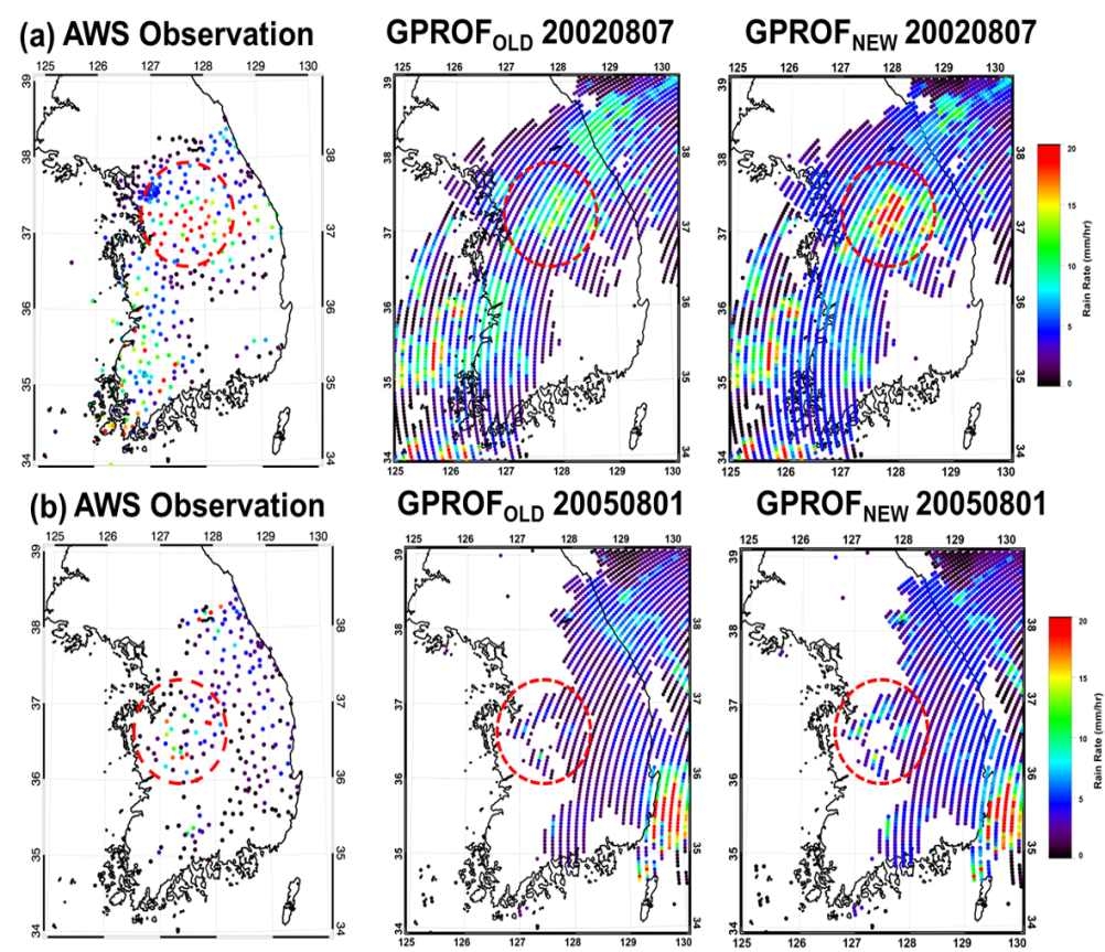 Fig. 3.33. Rain rate distributions from AWS measurements (left), retrieved from TMI with GPROFOLD (middle), and retrieved from TMI with GPROFNEW (right) for (a) August 7, 2002 and (b) August 1, 2005.