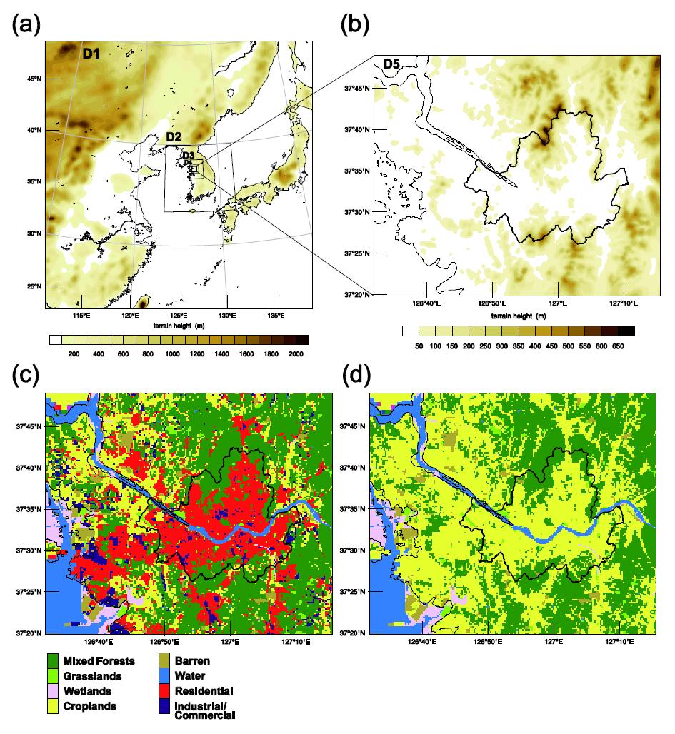 (a) Nested domains in the WRF-SNUUCM simulation with terrain height (shaded), (b) the innermost domain. (c) Land-use/land-cover (LULC) of the innermost domain for the URBAN simulation, (d) LULC of the innermost domain for the NO-URBAN simulation. The Seoul boundary is represented by thick line in (b)―(c).
