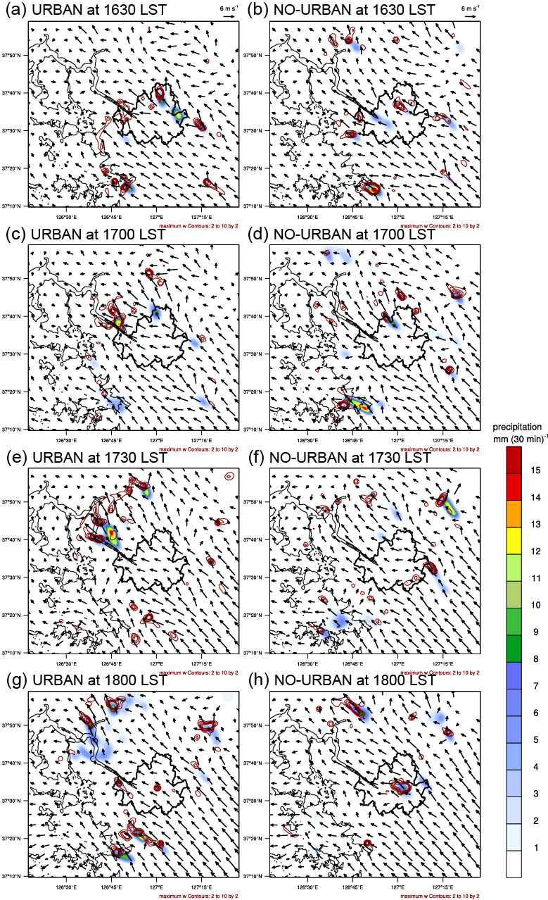 Horizontal cross-sections of wind fields at z = 400 m for URBAN and NO-URBAN simulations.