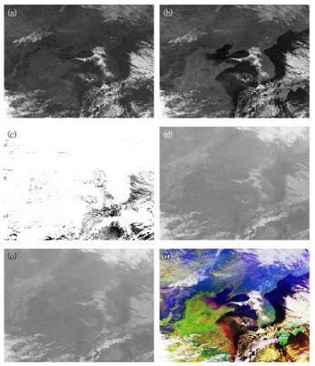 NOAA 16 satellite images (a) channel 1, (b) channel 2, (c) channel 3A, (d) channel 4, (e) Channel 5 and (f) composite false colour image