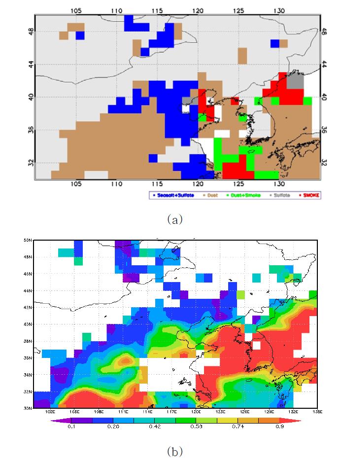 Classified aerosol types and (b) MODIS AOD at 550 nm in the East Asian region on 16 March 2009.