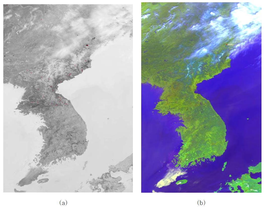 Hotspots analysis at 1358 LST, April 9 2009 (NOAA-12;Ch.3); (b) A satellite image showing smoke at the same time (NOAA-12; Ch. 1, 2, 4).