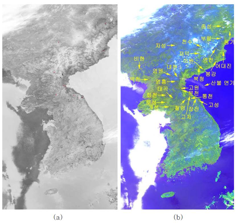 Hotspots analysis at 1322 LST, April 9 2011 (NOAA-12;Ch.3); (b) A satellite image showing extensive smoke at the same time (NOAA-12; Ch. 1, 2, 4).