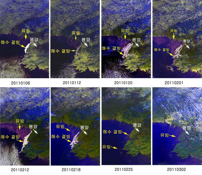 Satellite images showing ice over the mouth of the Dae-dong River and a part of the Yellow Sea in north Korea from 6 January to 2 March 2011.