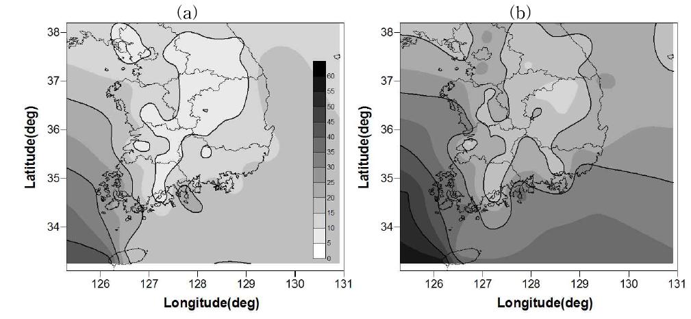 Distribution of (a) maximum wind speed and (b) maximum instantaneous wind speed by typhoon Rusa