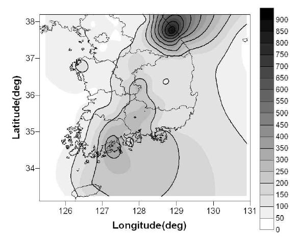 Distribution of Precipitation by typhoon Rusa