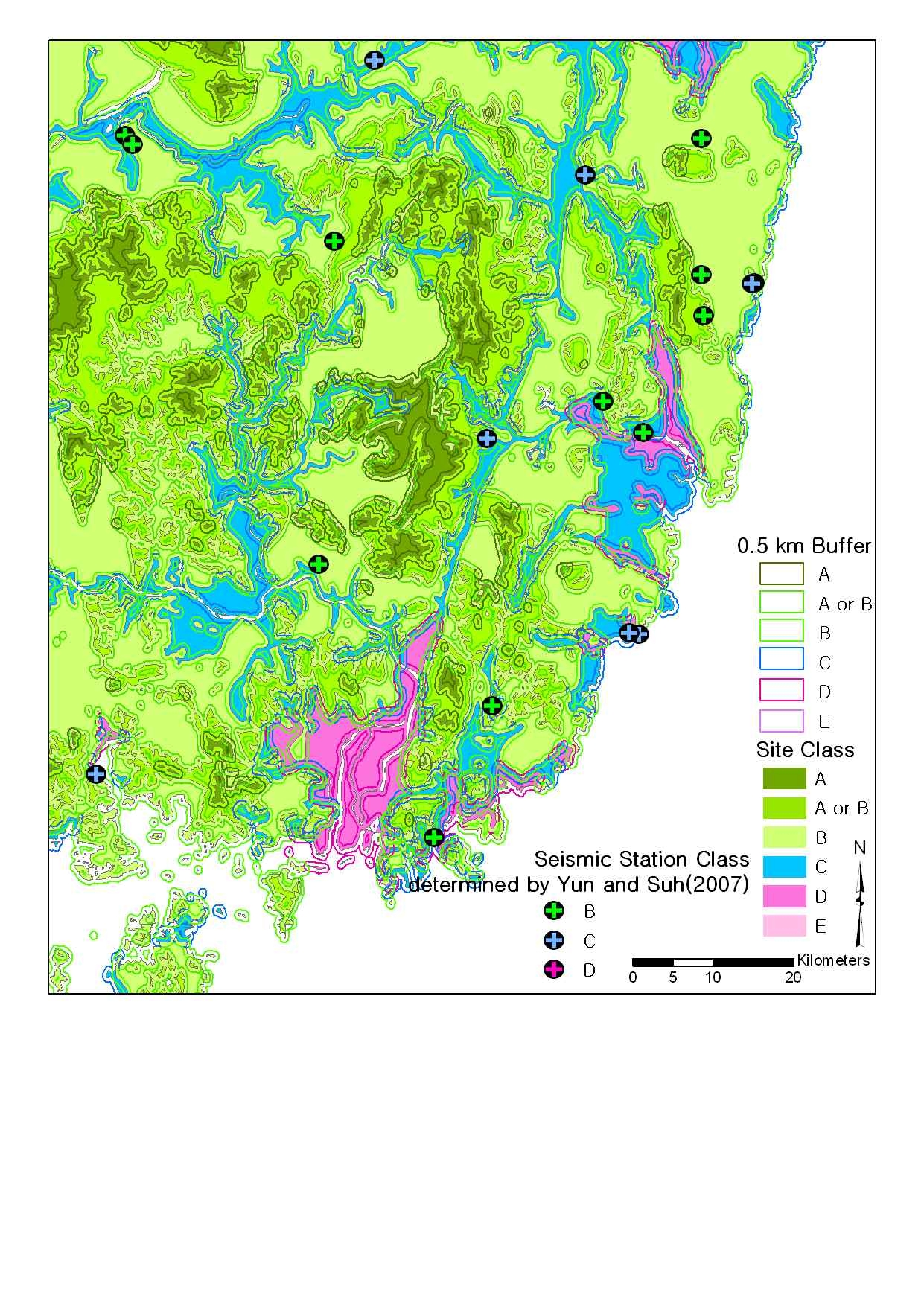 Figure 3.5.1.8 경상도 지역 지반분류에 0.5 km 버퍼링을 주었을 경우