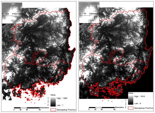 Figure 3.5.2.1 서로 다른 두 해상도의 지형도