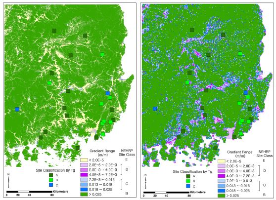 Figure 3.5.2.7 경사도 기준의 지반분류와 시추지역 지반분류의 비교