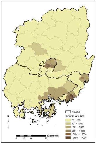 Figure 3.5.2.8 2009년도 인구밀도