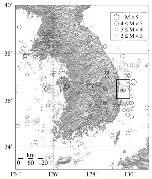 Figure 3.2.1 Distribution of earthquakes in the southern Korean Peninsula between 1978 and 2010.