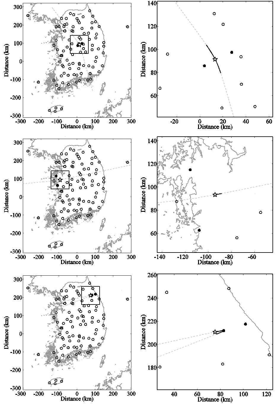 Figure 3.3.2 지진관측망 내부에서 발생한 지진의 신속진앙결정.