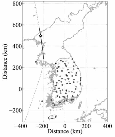 Figure 3.3.3 지진관측망외부에서 발생한 지진의 신속지진위치결정