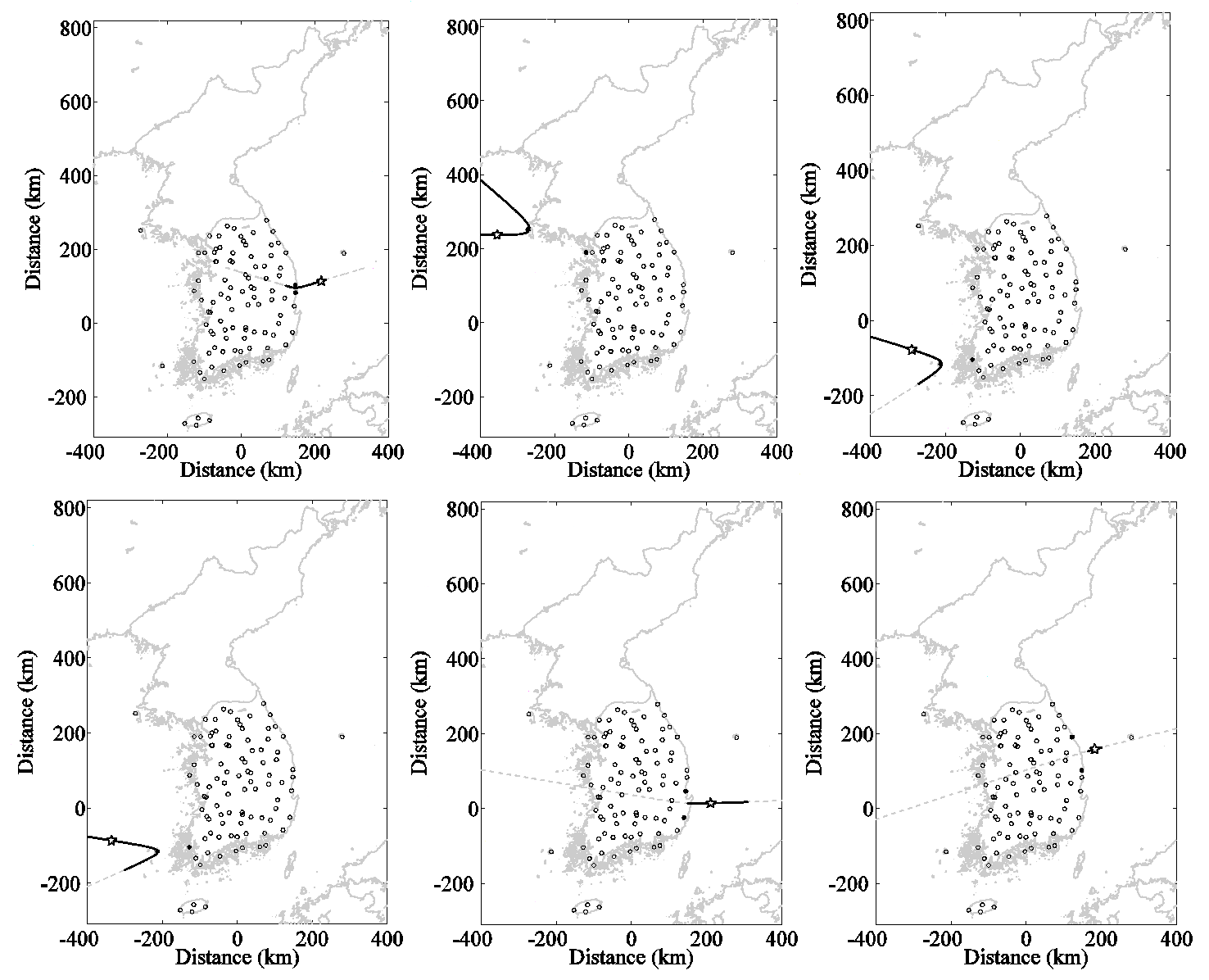 Figure 3.3.4 지진관측망외부 해저에서 발생한 지진의 신속지진위치결정