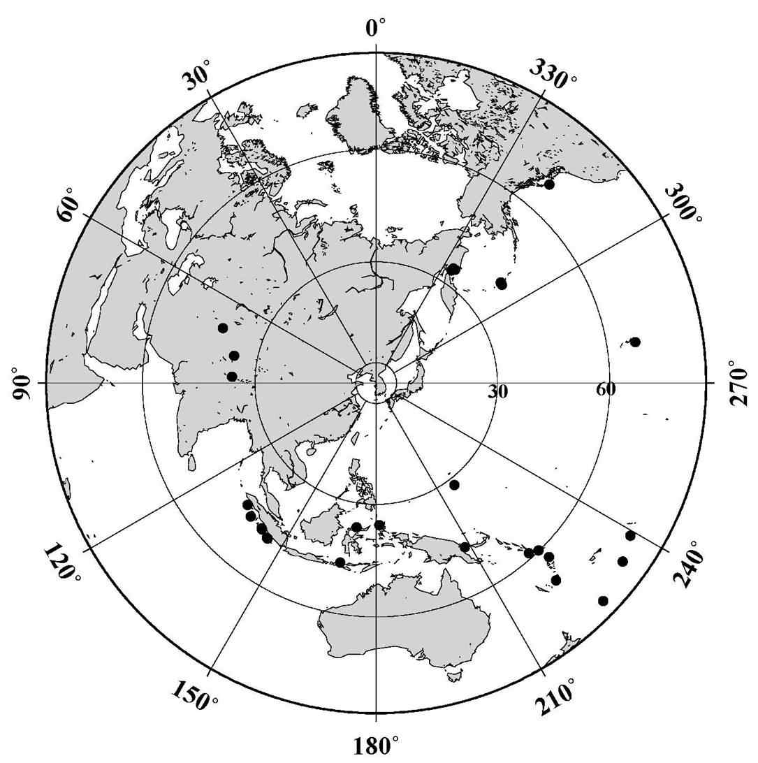 Figure 3.4.2 Event locations (solid circles) used in the receiver function analysis in the study