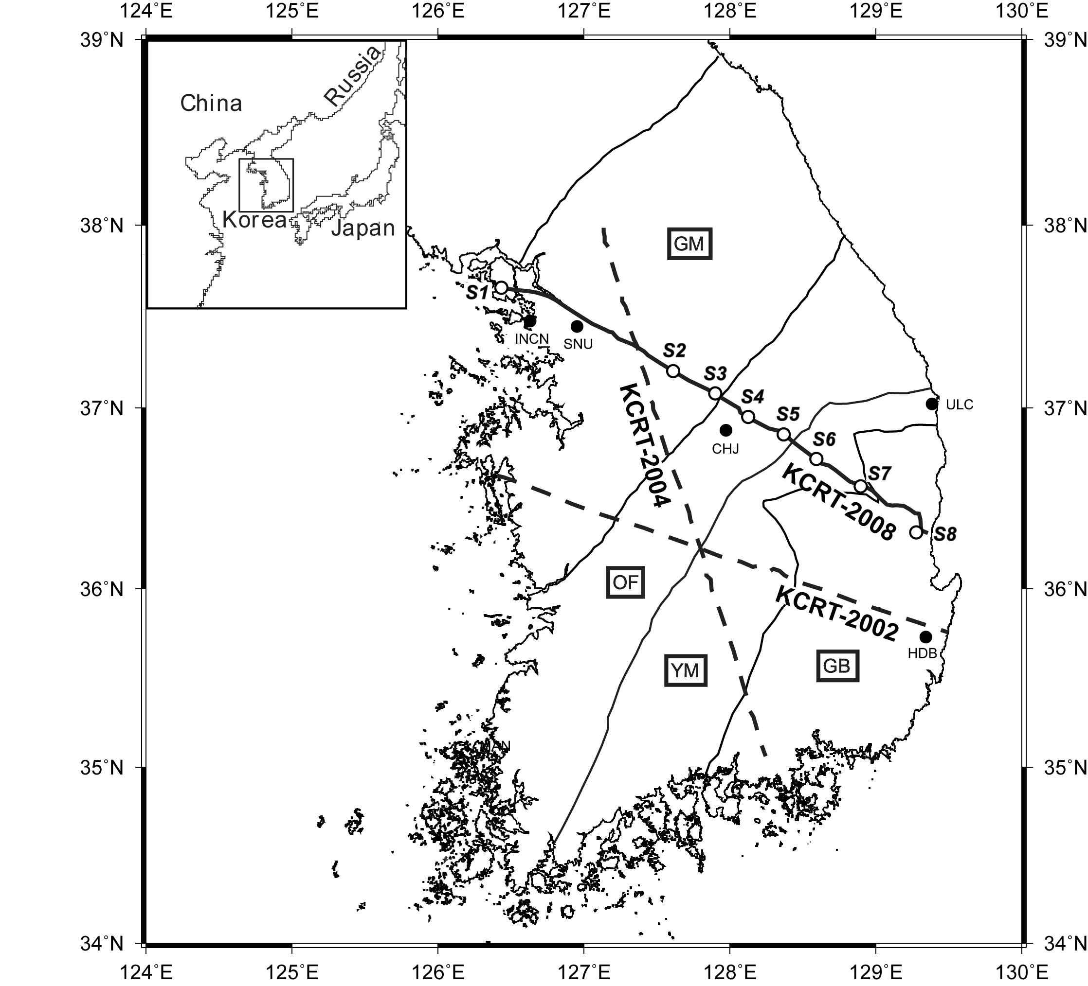 Seismic profile KCRT-2008 (solid line) superimposed on a simplified tectonic map of the southern Korean peninsula (modified from Kim, 1988).