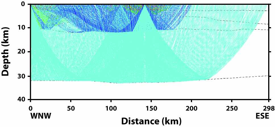 Raypaths for reflected waves in the northwestern half of KCRT-2008.