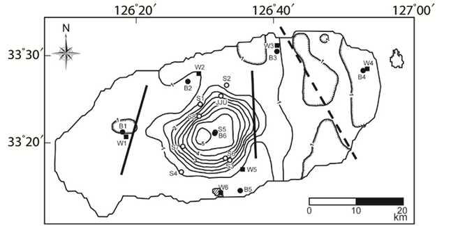 Map of Jeju Island showing six sites (B1-B6) for SPAC analysis of microtremors, six deep wells (W1-W6) near the study sites, and contours of depth to basement as derived by gravity modeling.