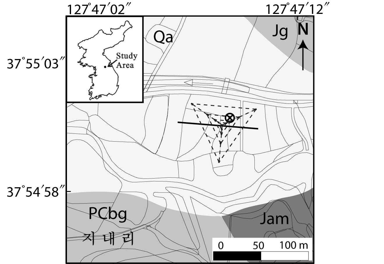 Simplified geologic map showing locations of a seismic profile for active surface-wave analyses (solid line), micromor stations at vertices and a common center of four triangular arrays (broken lines), and an agricultural well (crossed circle).