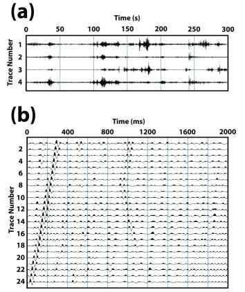 (a) Microtremors recorded using four 1-Hz vertical sensors in a triangular array of radius 10 m and (b) a 10-Hz high-cut filtered shot gather recorded 3 m west of the west end of the seismic profile.