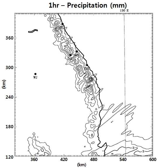 Fig. 3.3.11. The distribution of one hour simulated precipitation from 0100 LST to 0200 LST 21 January 2008 of Event A, showing snowfall areas near the starting time (0200 LST 21 January 2008) of back and forward trajectory calculation.