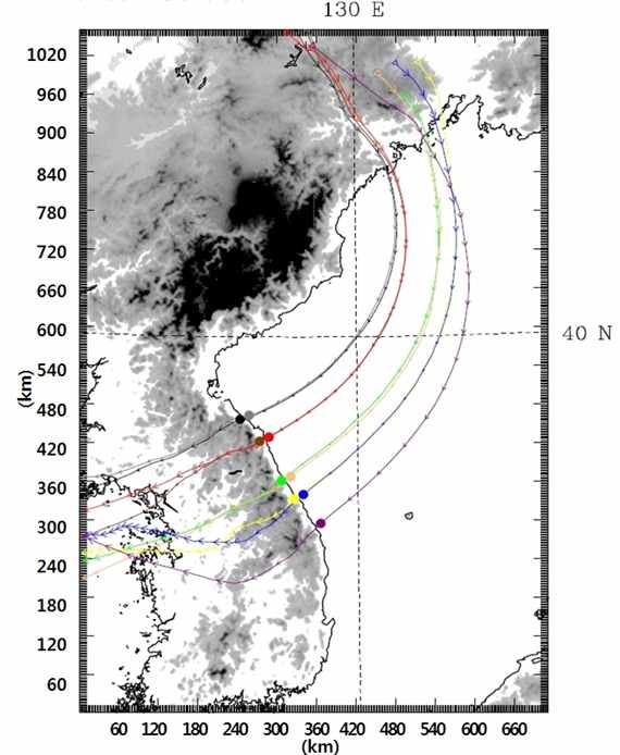 Fig. 3.3.12. The backward and forward trajectories of the parcels passing over the 9 points (shown in Fig. 3.3.10)at an altitude of 100 m ASL at 0200 LST 21 January 2008 of Event A