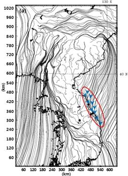 Fig. 3.3.16. Simulated surface streamline at 0900 LST 13 January 2008 (Domain3)