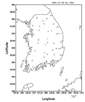 Fig. 3.1.2. Surface wind (ms-1) field from observation valid at 0900 LST 08 December 2002