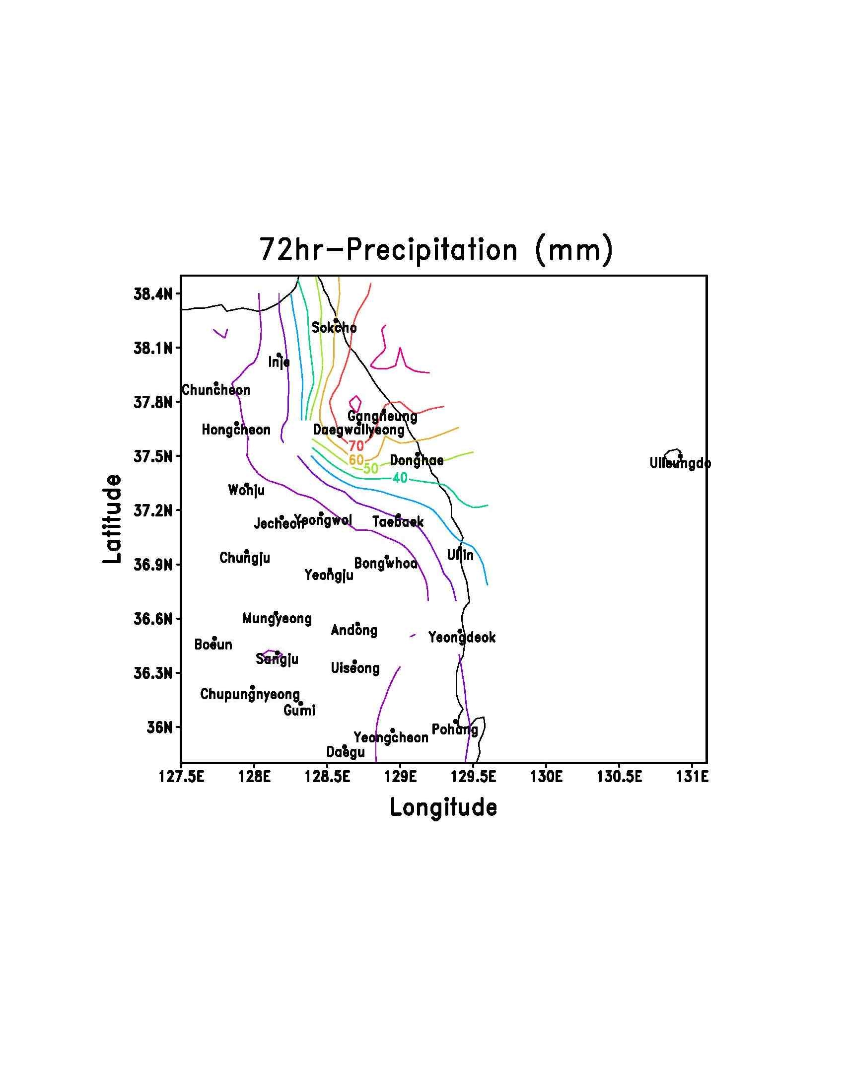 Fig. 3.1.3. Distribution of 72h accumulated precipitation (10mm intervals) ending at 2100 LST 09 December 2002.