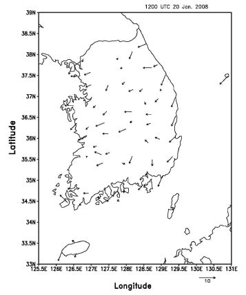 Fig. 3.1.5. Same as Fig. 3.1.2, except for surface wind(ms-1) field at 2100 LST 20 January 2008.