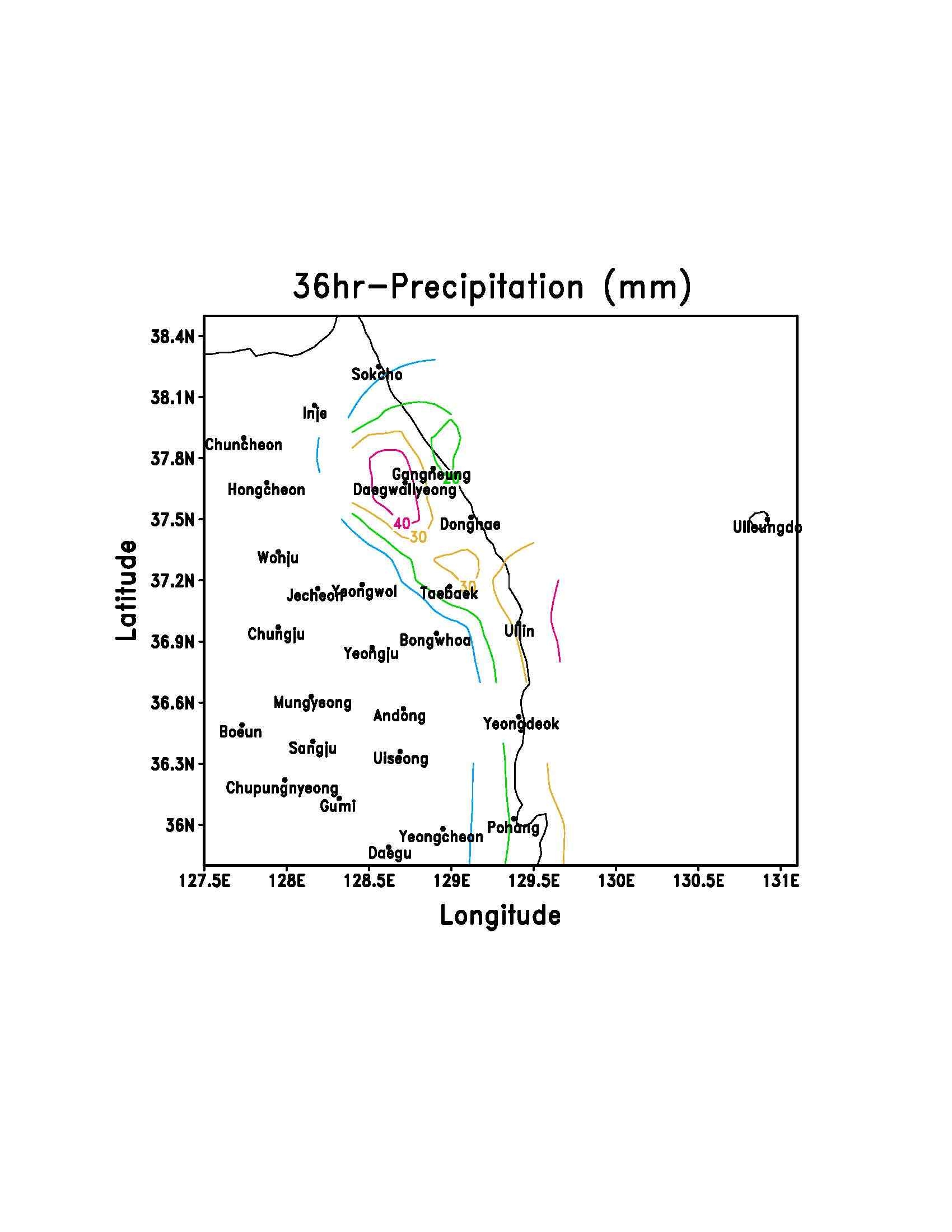 Fig. 3.1.6. Distribution of 36h accumulated precipitation (10mm intervals) ending at 2100 LST 21 January 2008.