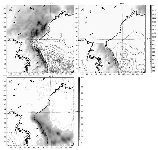 Fig. 3.1.8. Simulated distributions of 72h accumulated precipitation (6 mm intervals) ending at 2100 LST 09 December 2002