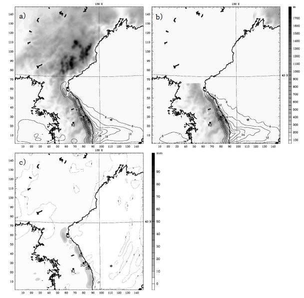 Fig. 3.1.20. Same as Fig. 3.1.8, except for simulated distributions of 36h accumulated precipitation ending at 2100 LST 21 January 2008.