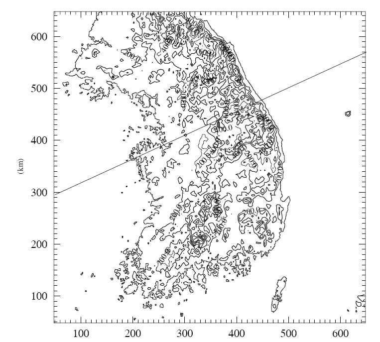 Fig. 3.2.4. ARPS model domain and its model terrain (200 m intervals). A bold straight line stands for a path of cross section, passing Osan and Gangnung sites.