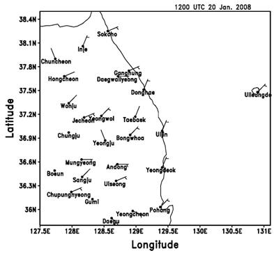 Fig. 3.3.3. The observed surface winds at 2100 LST 20 January 2008.