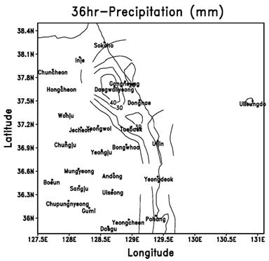 Fig. 3.3.4. The distribution of accumulated precipitation during 36 hours, from 0900 LST 20 to 2100 LST 21 January 2008, around the Yeongdong region of Korea.