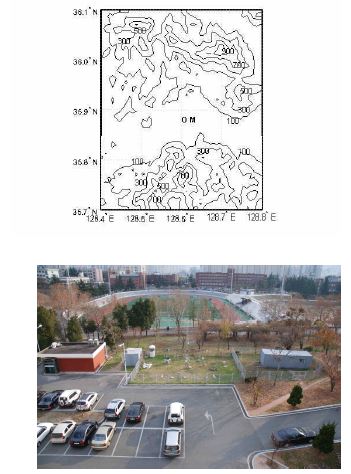 Fig. 17 (Upper) Geographical map of the site location, the value in the figure indicates terrain elevation, letter O denotes study site and letter M denotes Korean Meteorological station of Daegu, (lower) Photograph of the study site looking south from the building at the north in December.