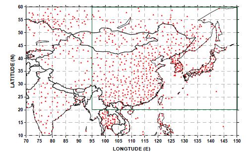 Fig. 1. The model domain and the locations of WMO synoptic stations (▲).