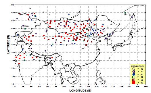 Fig. 2. The spatial distribution of the total number of dust-rise reporting days for 9 years (1998-2006) obtained from WMO 3 hourly reporting data.