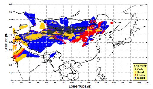 Fig. 3. The spatial distribution of surface soil types (1: Gobi, 2: Sand, 3: Loess, 4: Mixed) in the Asian dust source region.