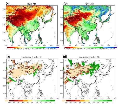 Fig. 10. The horizontal distributions of 10-year (1998 to 2007) averaged NDVI in (a) April and (b) June and the dust emission reduction factor in (c) April and (d) June obtained from NDVI data in the extended model domain (70-150E, 5-55N).