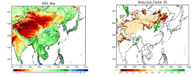 Fig. 12. The horizontal distributions of 10-year (1998 to 2007) averaged (a) NDVI and (b) the dust emission reduction factor in May.