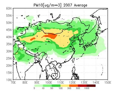 Fig. 19. The horizontal distribution of annual mean surface dust (PM10) concentration (mg m-3) simulated by ADAM2.