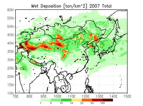 Fig. 21. Horizontal distribution of annual total dust (PM10) wet deposition