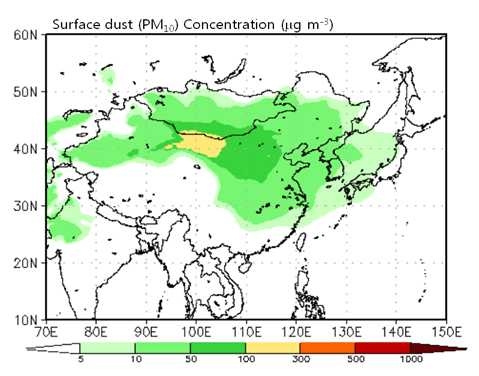 Fig. 25. Horizontal distribution of annual mean surface dust (PM10) concentration (?g m-3) simulated by ADAM2.