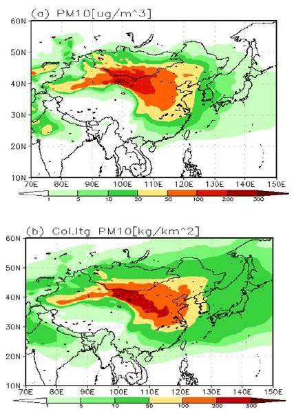 Fig. 34. Horizontal distribution of (a) monthly mean surface PM10 concentration (mg m-3) and (b) monthly mean column-integrated PM10 concentration (kg km-2).