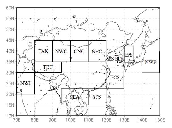 Fig. 36. The domains that are estimated dust emission, dust deposition (wet and dry), surface PM10 and column-integrated PM10 concentrations