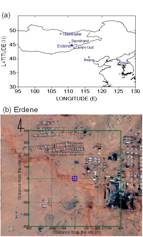 Fig. 39. (a) The geographical location of the Erdene tower site and (b) the landscape of the surrounding tower site